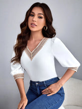Contrast Lace Puff Sleeve Blouse